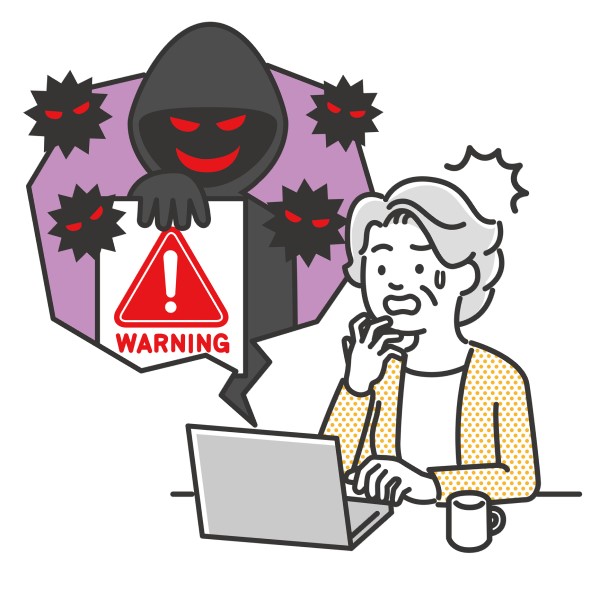 A cartoon illustration showing an older woman looking concerned while using a laptop. Above her, a menacing hooded figure with a red smile emerges from a purple hexagon, holding a red warning sign. The figure is surrounded by virus-like shapes with red eyes. The woman appears worried, with her hand near her face.